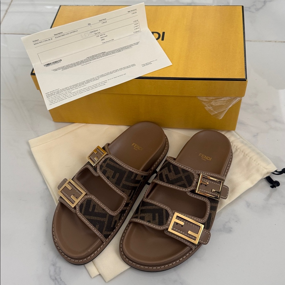 Authentic Fendi Tan and Black Logo Slide Sandals in excellent conditions. - Picture 3 of 7